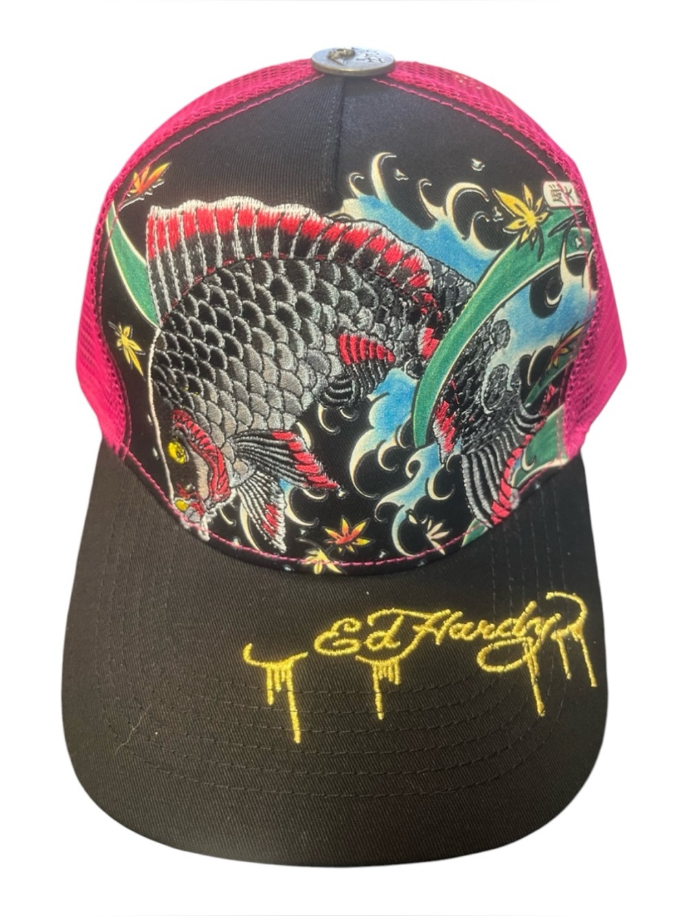 Ed Hardy Black & Pink Koi Embroidered Trucker Cap